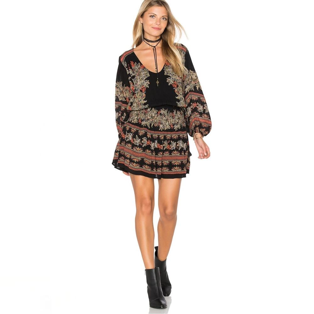 Free People Moonlight Drive Mini Dress - Black Tan Orange  - Boho - Size XS